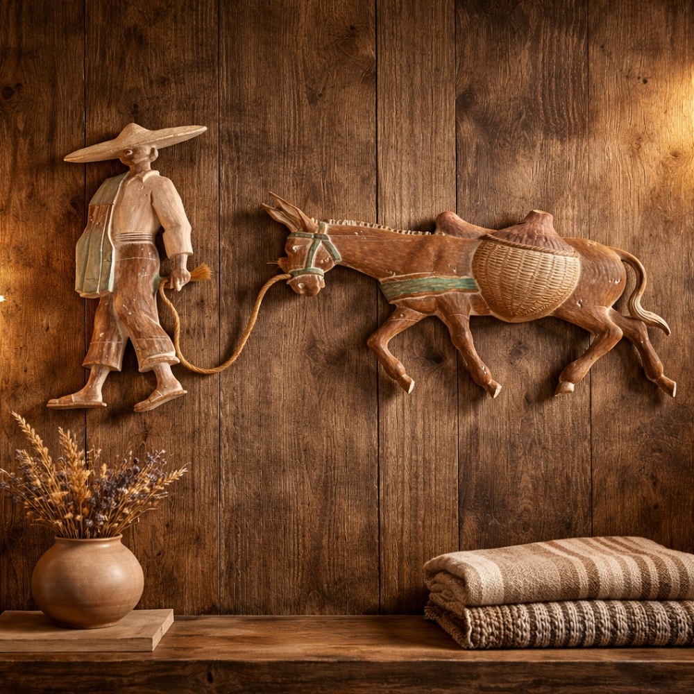 Vintage Metal Wall Man With Sombrero Leading A Donkey